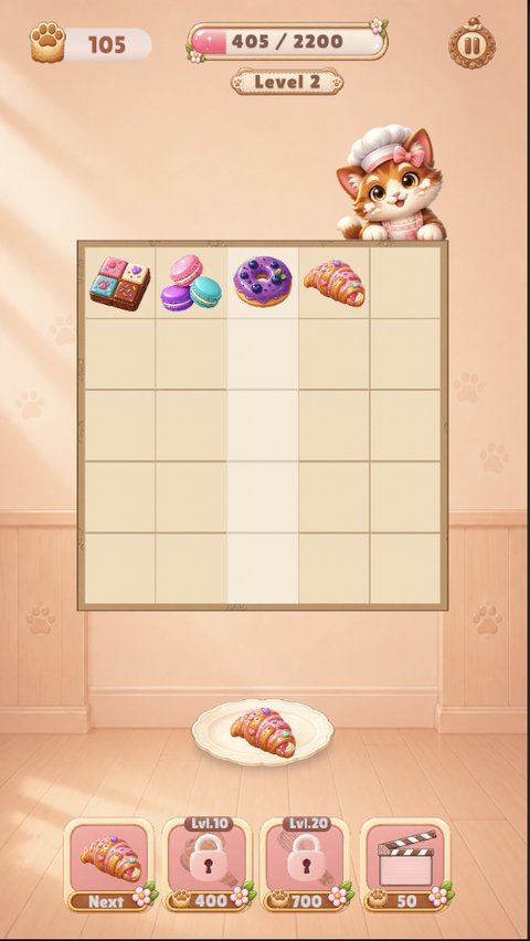 MuffyCakery gameplay screenshot mid-level with merged treats