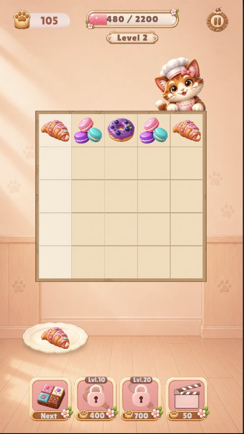 MuffyCakery gameplay screenshot with a full board of treats